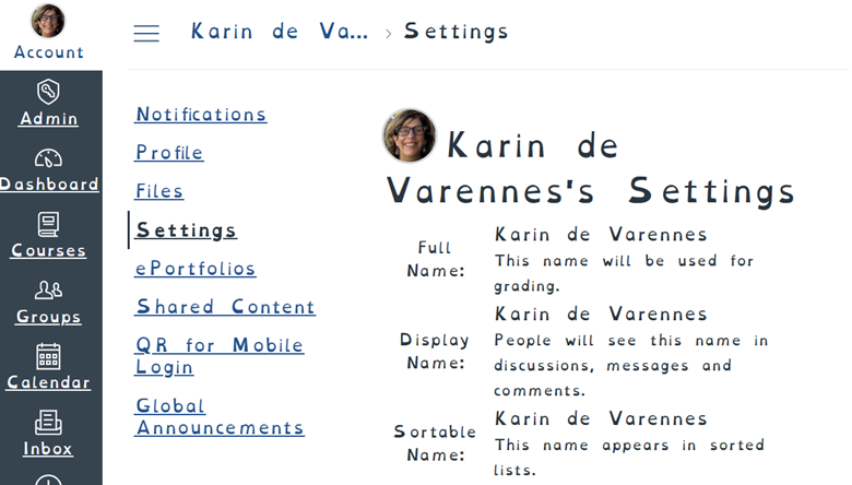 Canvas personal account fron page in Dyslexia friendly font